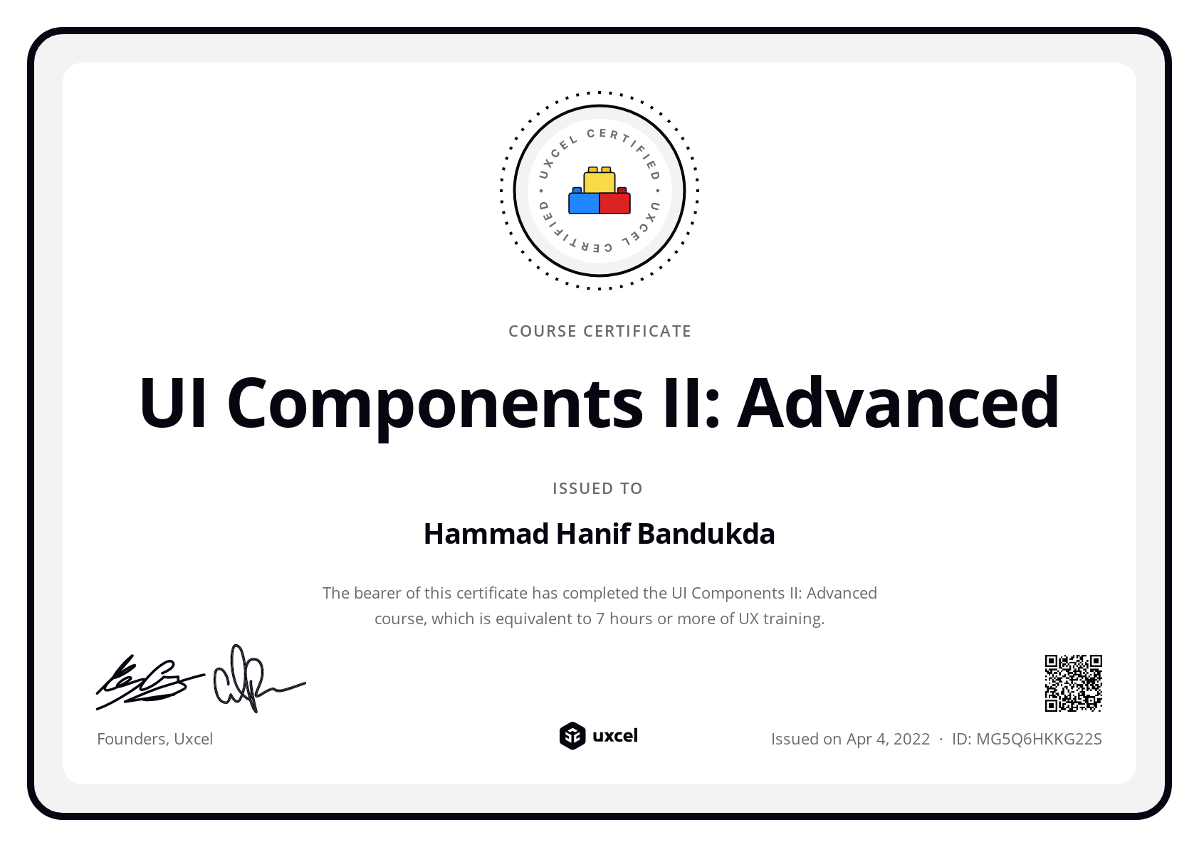 Hammad Hanif Bandukda's certificate